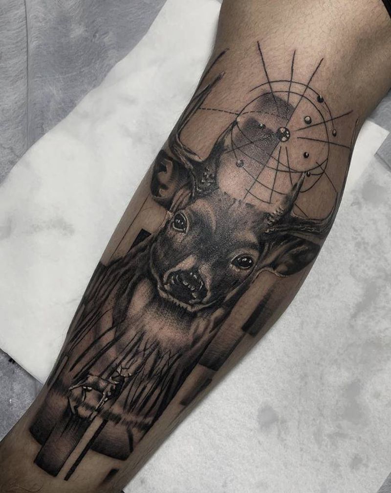 几何 写实麋鹿纹身纹身图片_腿部欧美写实几何纹身图案