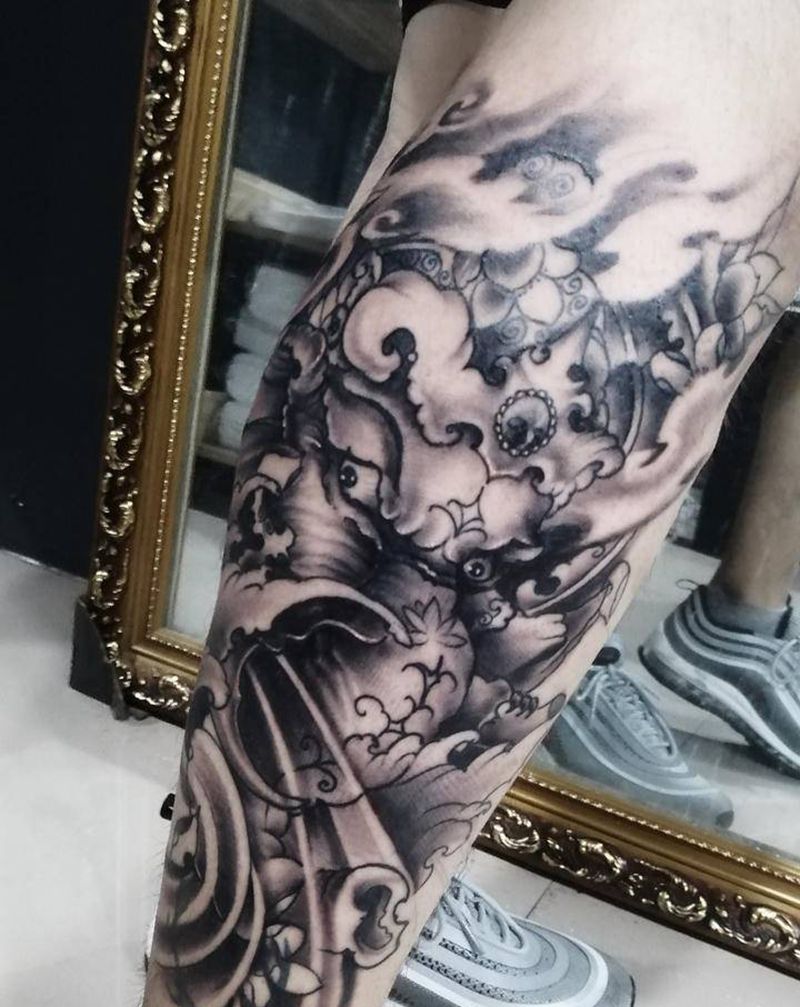 招财象神 小腿纹身纹身图片_腿部新传统纹身图案