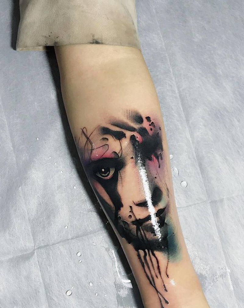 欧美水彩抽象肖像作品纹身图片_手臂水彩欧美写实纹身图案