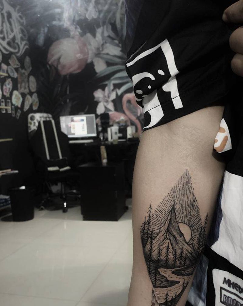 风景小清新纹身山 水 森林纹身图片_手臂点刺几何纹身图案