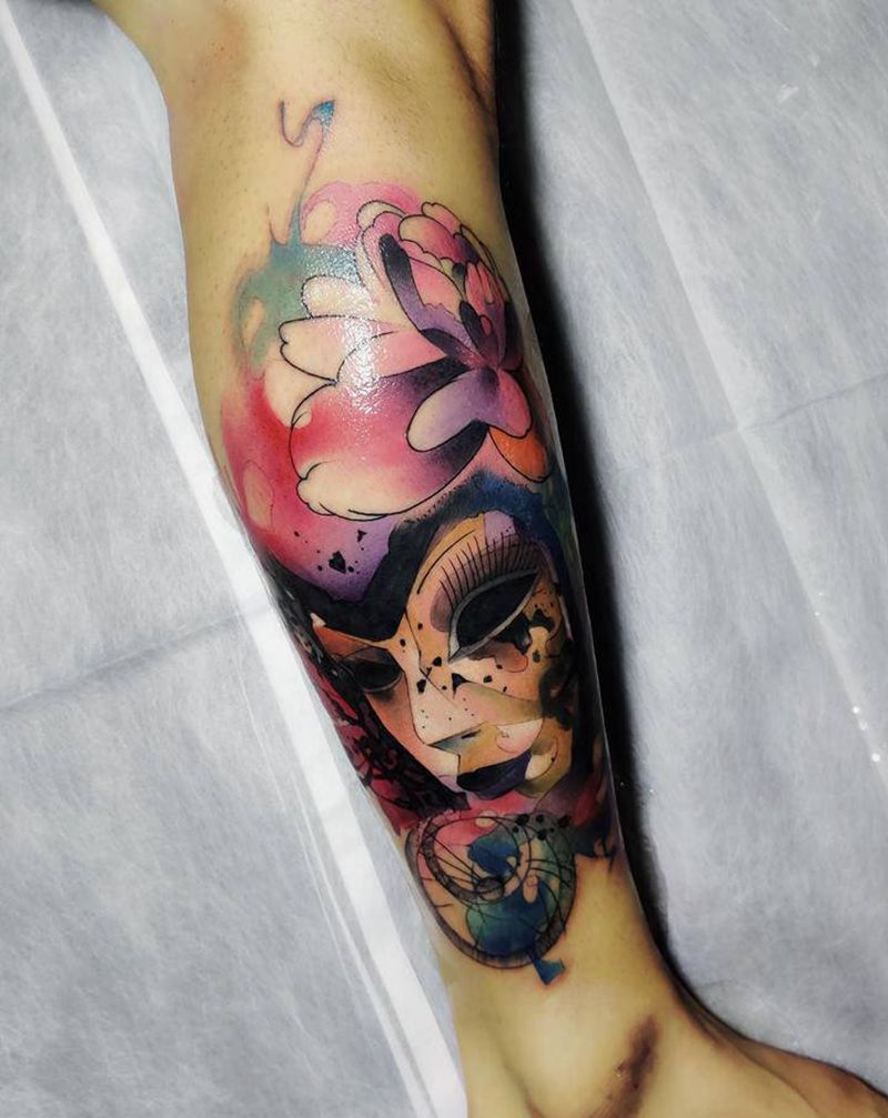 水彩面具纹身纹身图片_腿部New School水彩纹身图案