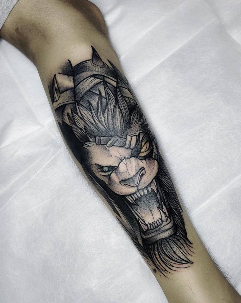 英雄联盟狮子狗纹身纹身图片_手臂点刺几何纹身图案