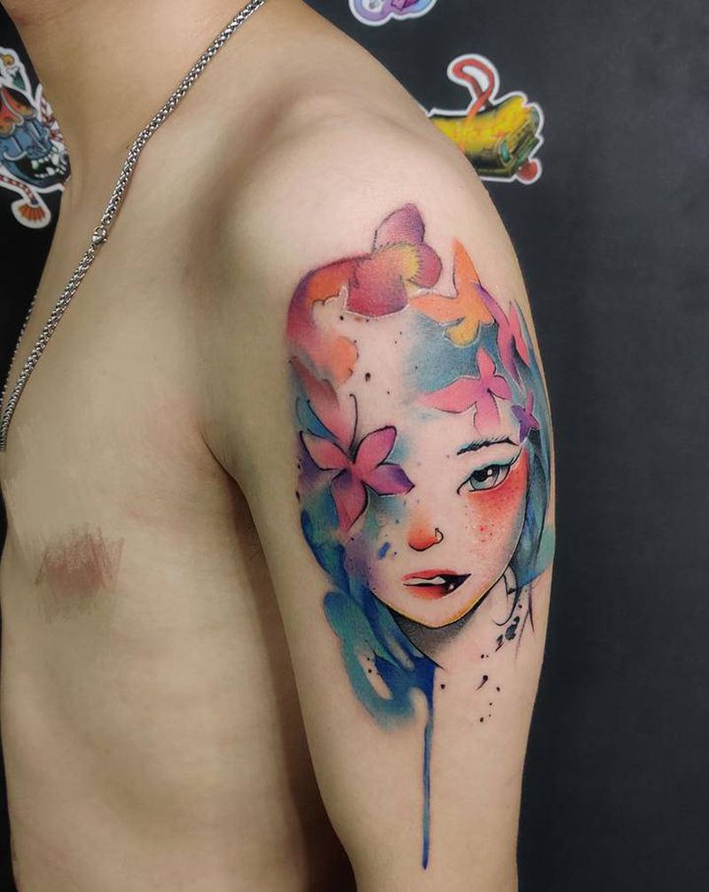 水彩抽象人物纹身图片_手臂水彩纹身图案