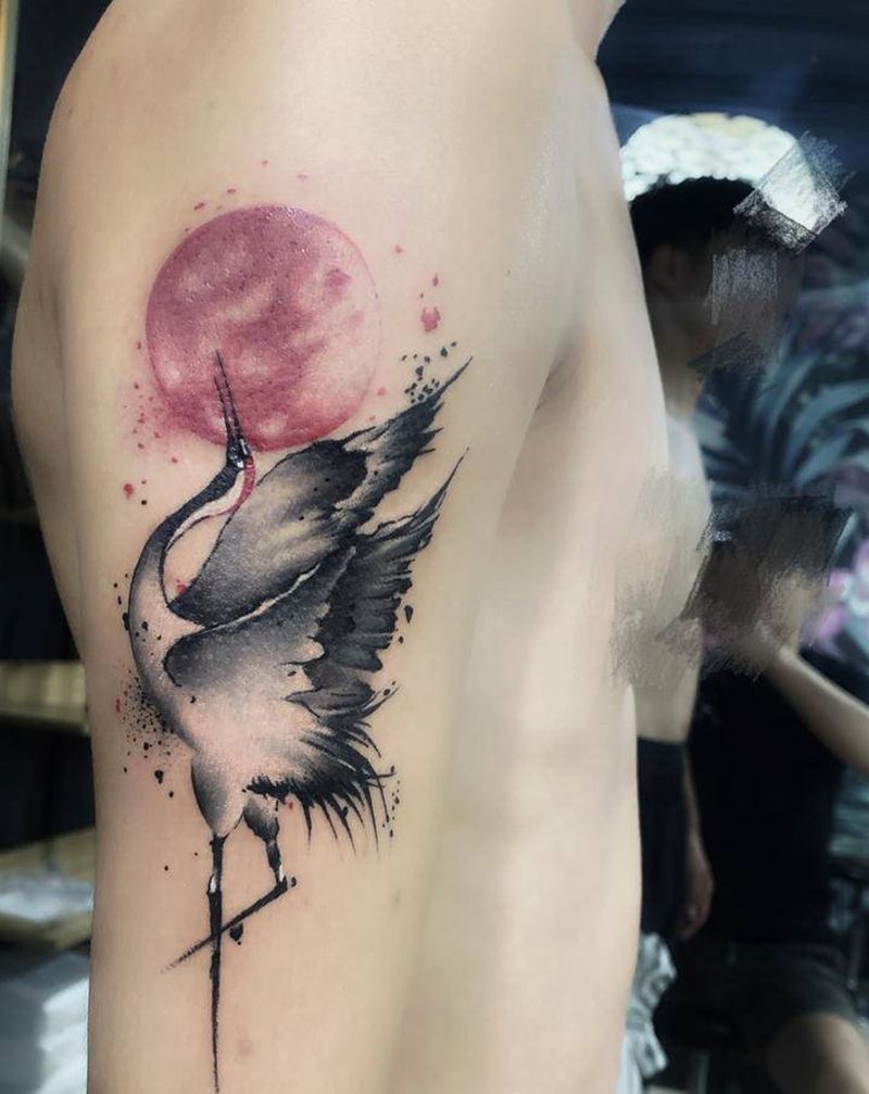 水墨风格 仙鹤纹身纹身图片_手臂水墨纹身图案