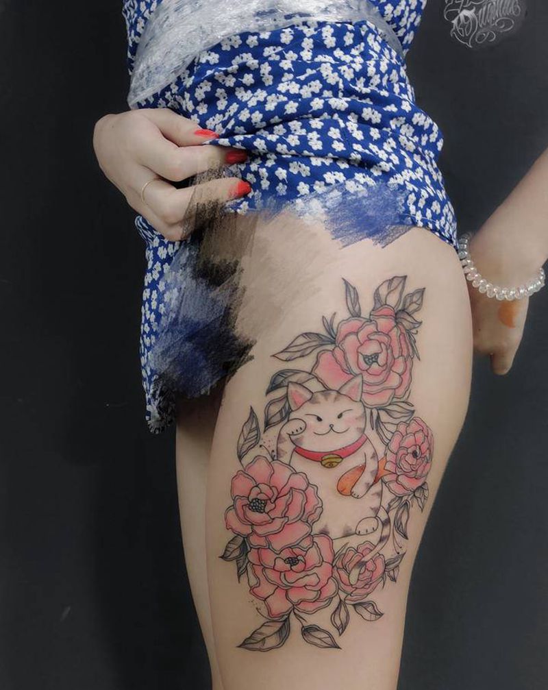 外国小姐姐皮肤很好啊  招财猫纹身图片_腿部水彩纹身图案