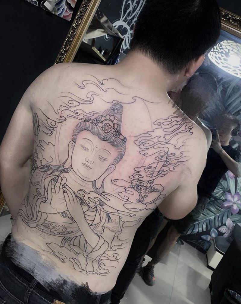 观音 未完成纹身图片_背部新传统纹身图案