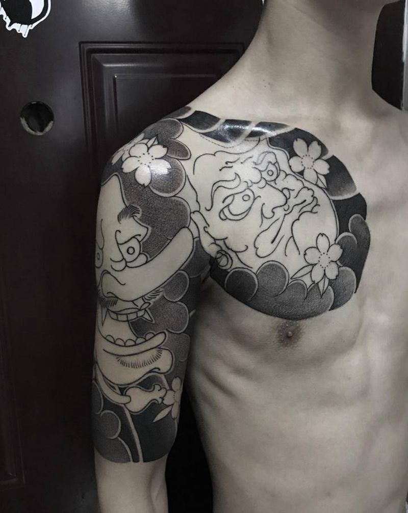 日式半胛纹身图片_手臂胸部老传统天狗达摩蛋不倒翁纹身图案