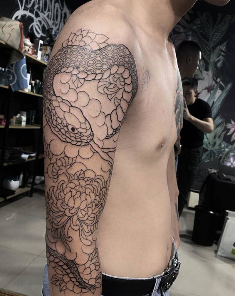 日式七分袖  线条 完成纹身图片_手臂老传统纹身图案