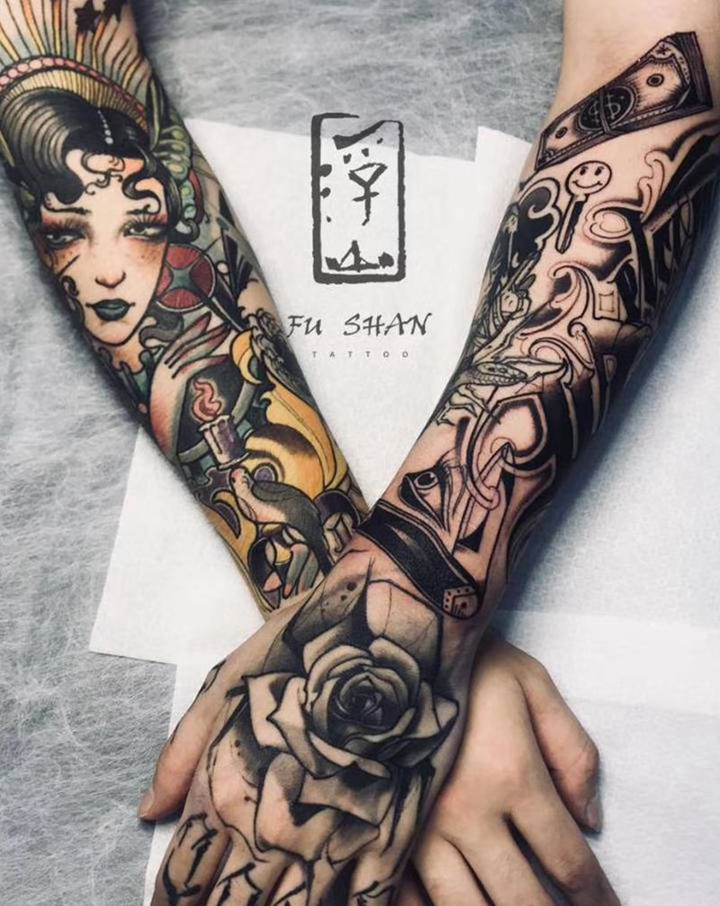 放纵纹身图片_手臂手部Old School花体字纹身图案