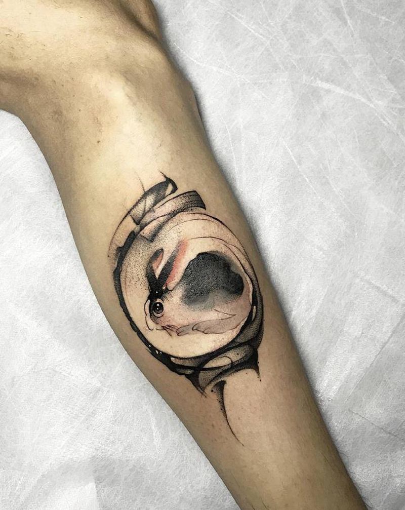 中国国画风 兔子纹身纹身图片_腿部水墨纹身图案