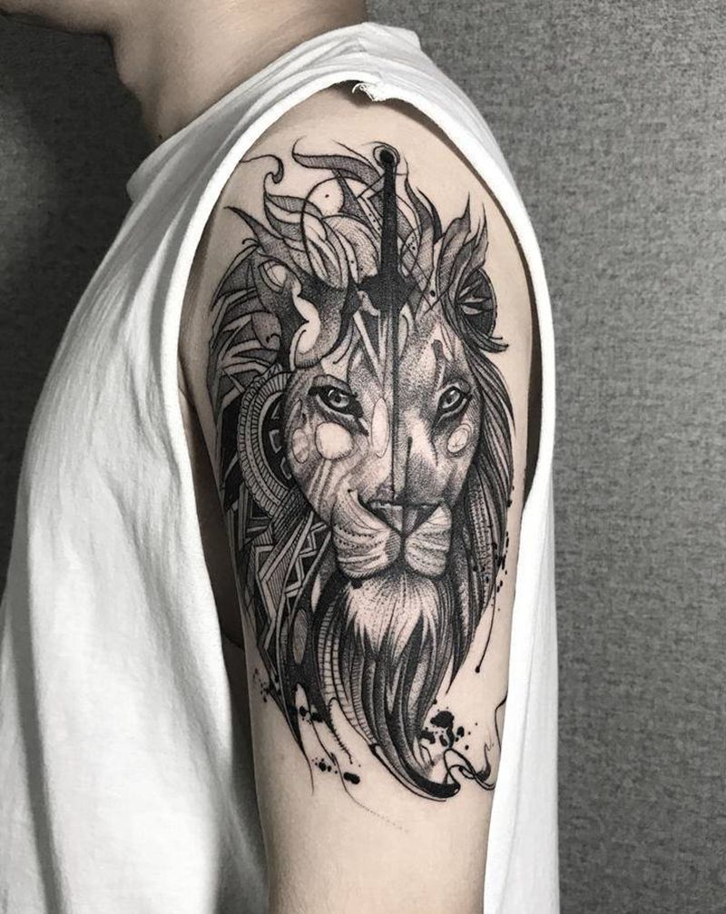 狮子纹身图片_手臂水墨点刺纹身图案