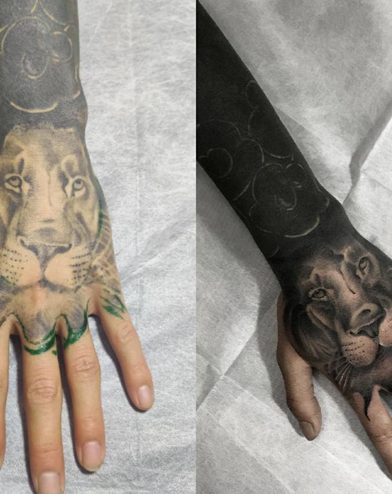 修改作品  写实狮子纹身图片_手部欧美写实纹身图案