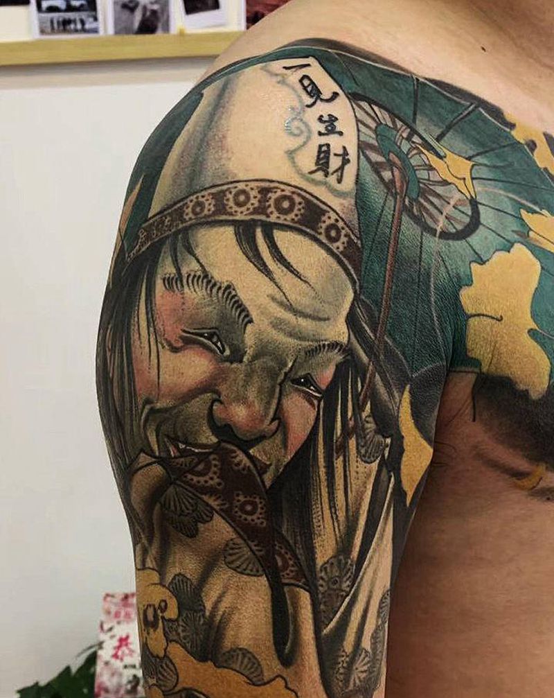 黑白无常半胛纹身图片_胸部手臂新传统黑白无常彩色半胛半胛纹身图案