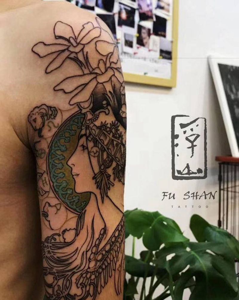 穆夏的十二星座纹身图片_手臂肩部Old SchoolNew School星座穆夏大臂纹身图案