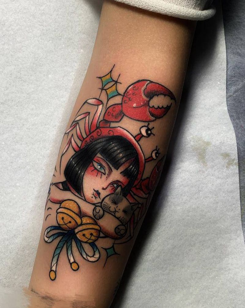 巨蟹座女孩纹身图片_手臂Old School纹身图案