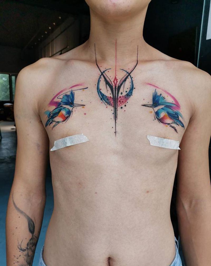 水彩小清新纹身图片_胸部水彩纹身图案