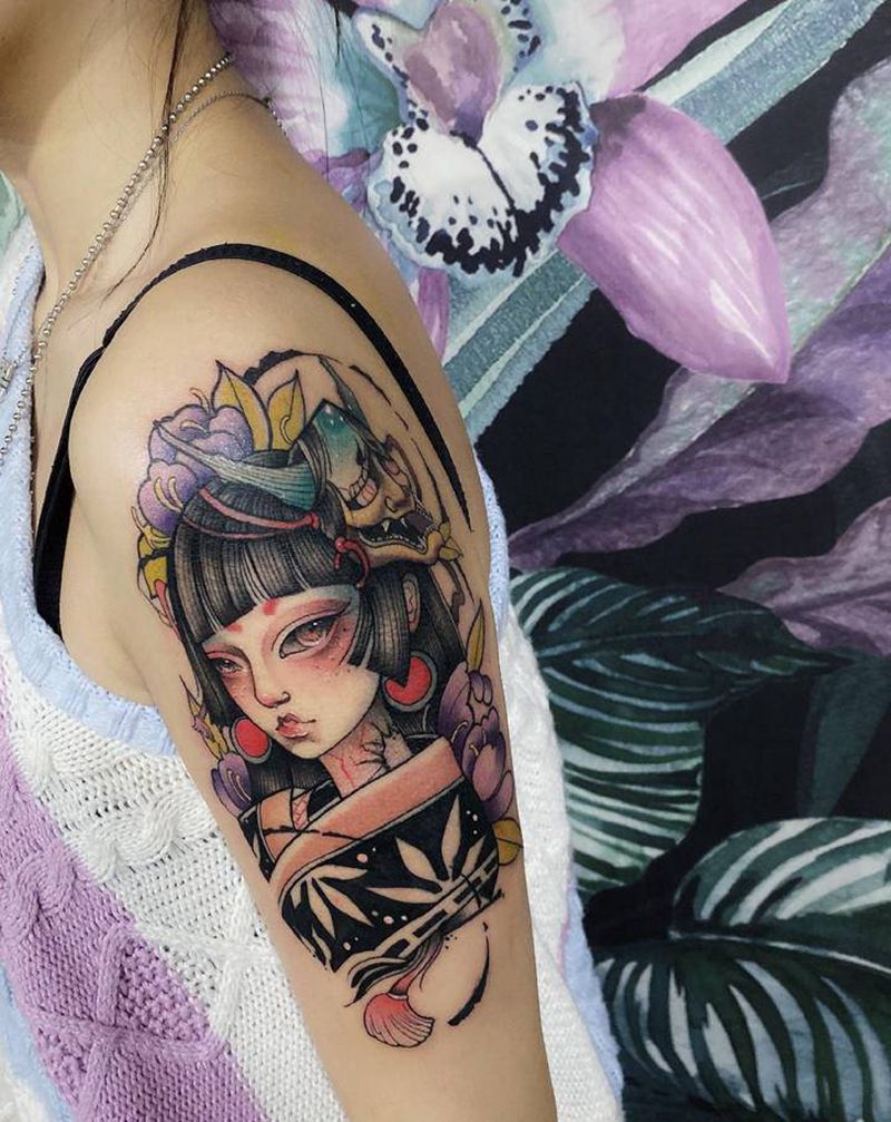 不一样的school艺妓纹身图片_手臂New School纹身图案