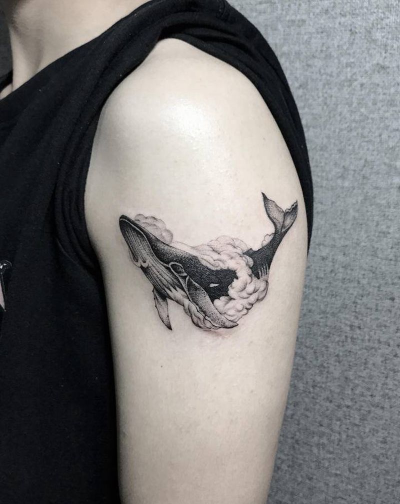 鲸鱼纹身图片_手臂肩部点刺几何纹身图案