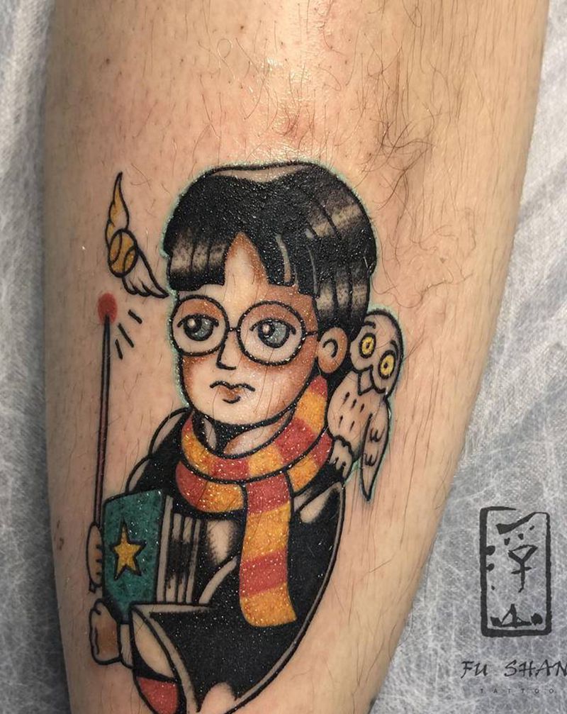 哈利波特纹身图片_腿部Old School哈利波特纹身图案