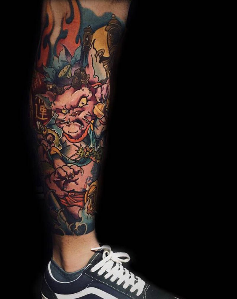 开运招财纹身图片_腿部新传统New School包小腿纹身图案