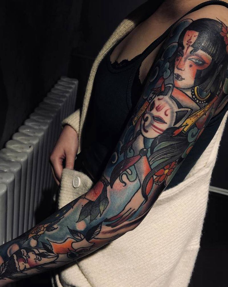 花臂纹身图片_手臂Old SchoolNew School花臂纹身图案