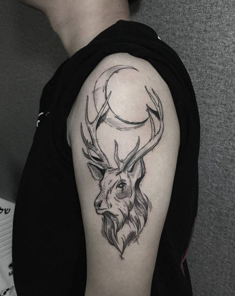 麋鹿纹身图片_手臂肩部几何点刺纹身图案