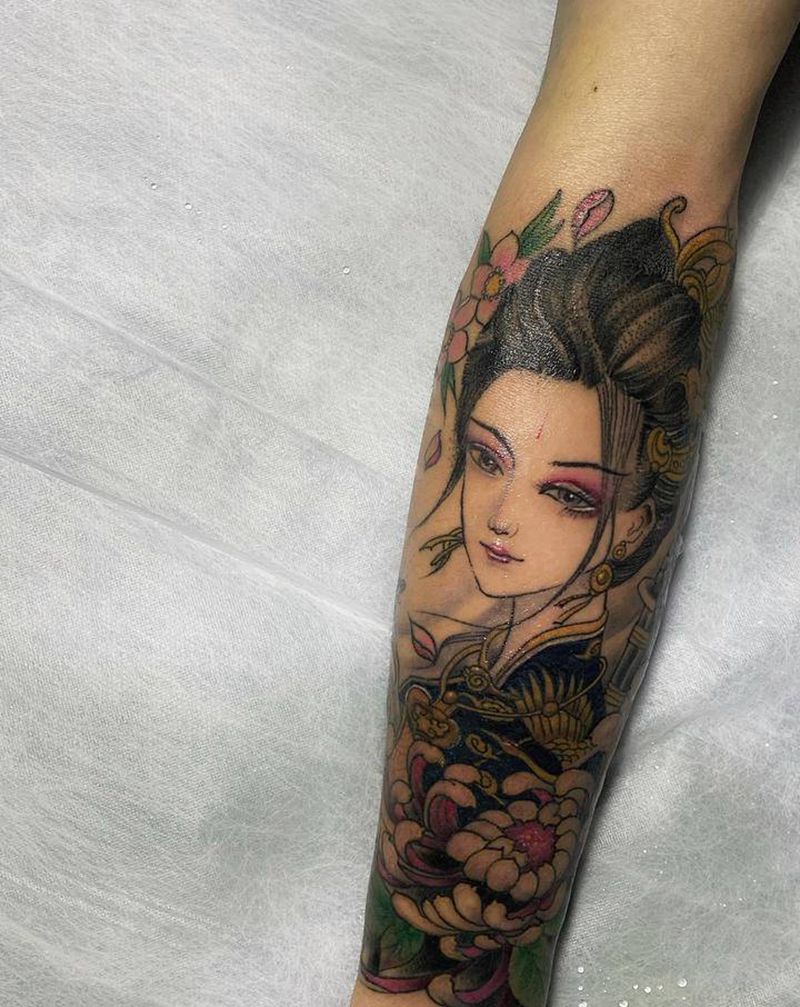 彩色艺妓纹身纹身图片_手臂新传统纹身图案