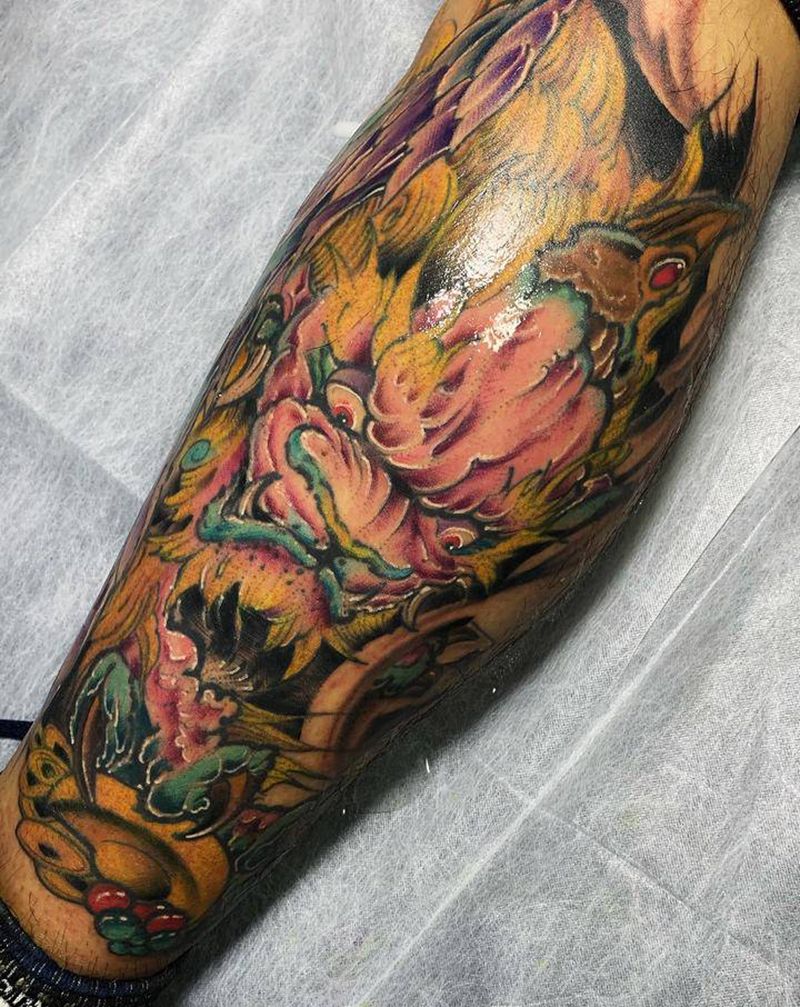 通宵作品 老图上色 彩色貔貅纹身图片_腿部新传统纹身图案