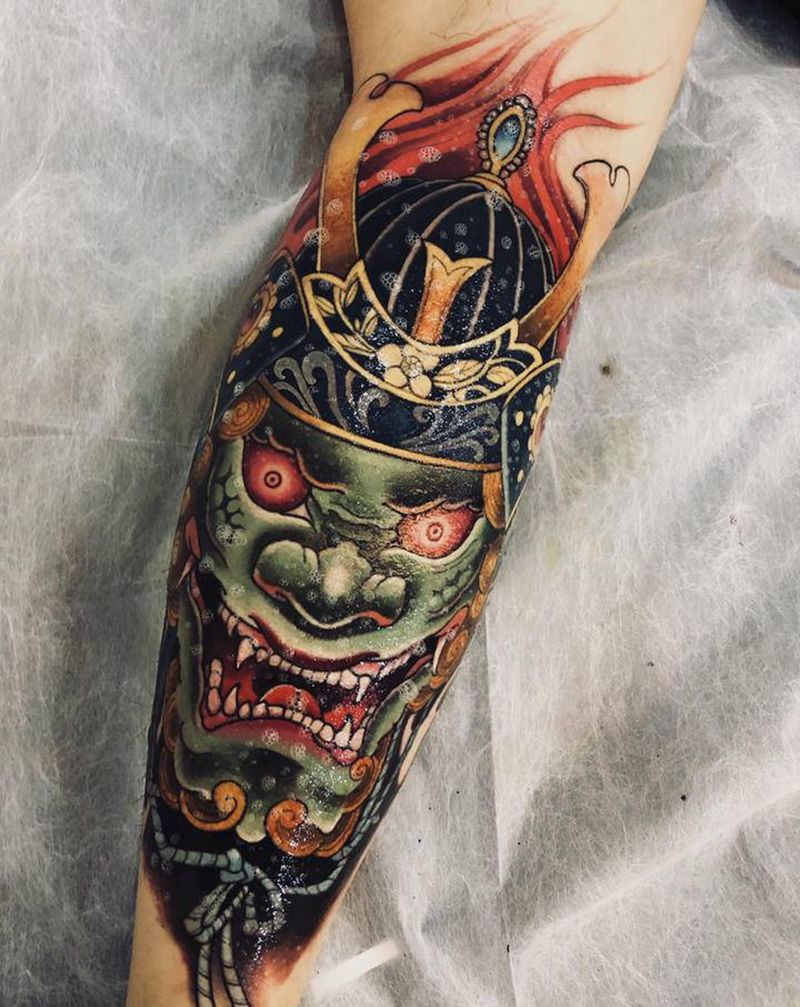 战将纹身图片_腿部新传统鬼武士纹身图案