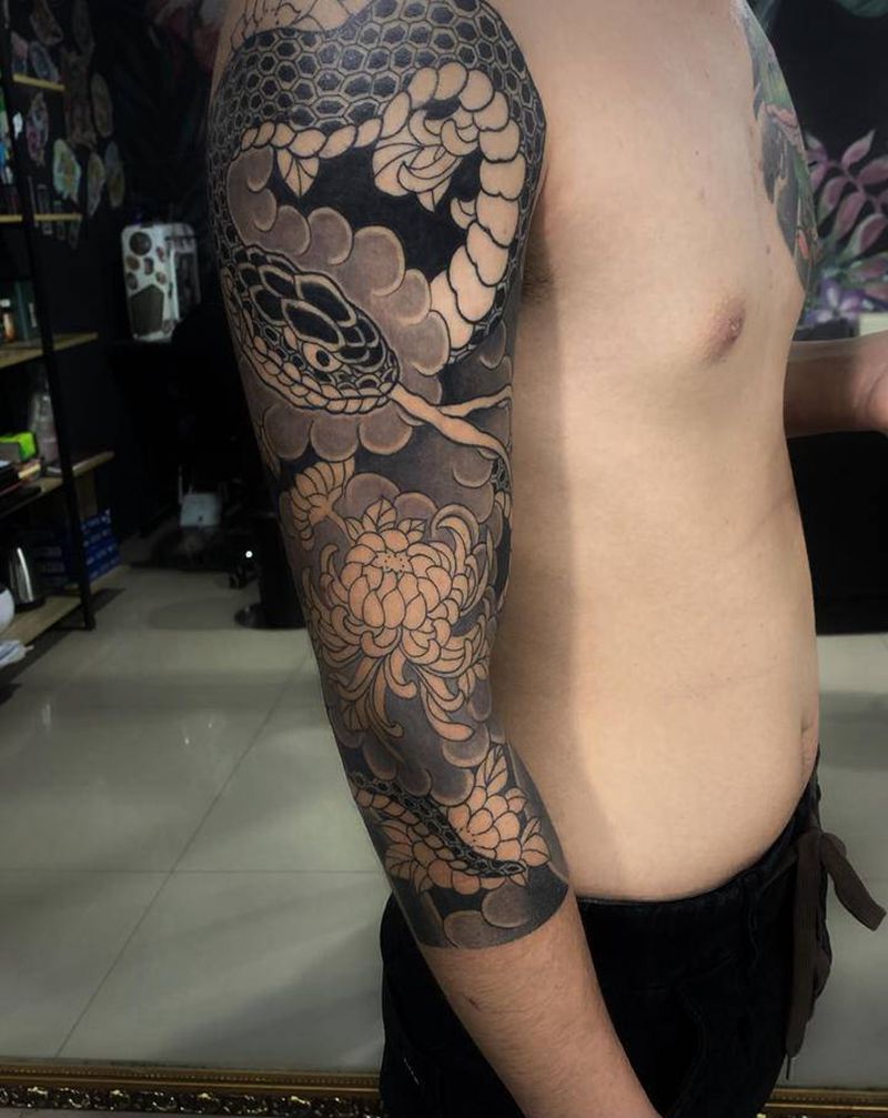 日式七分袖恢复后今天彩色纹身图片_手臂老传统纹身图案