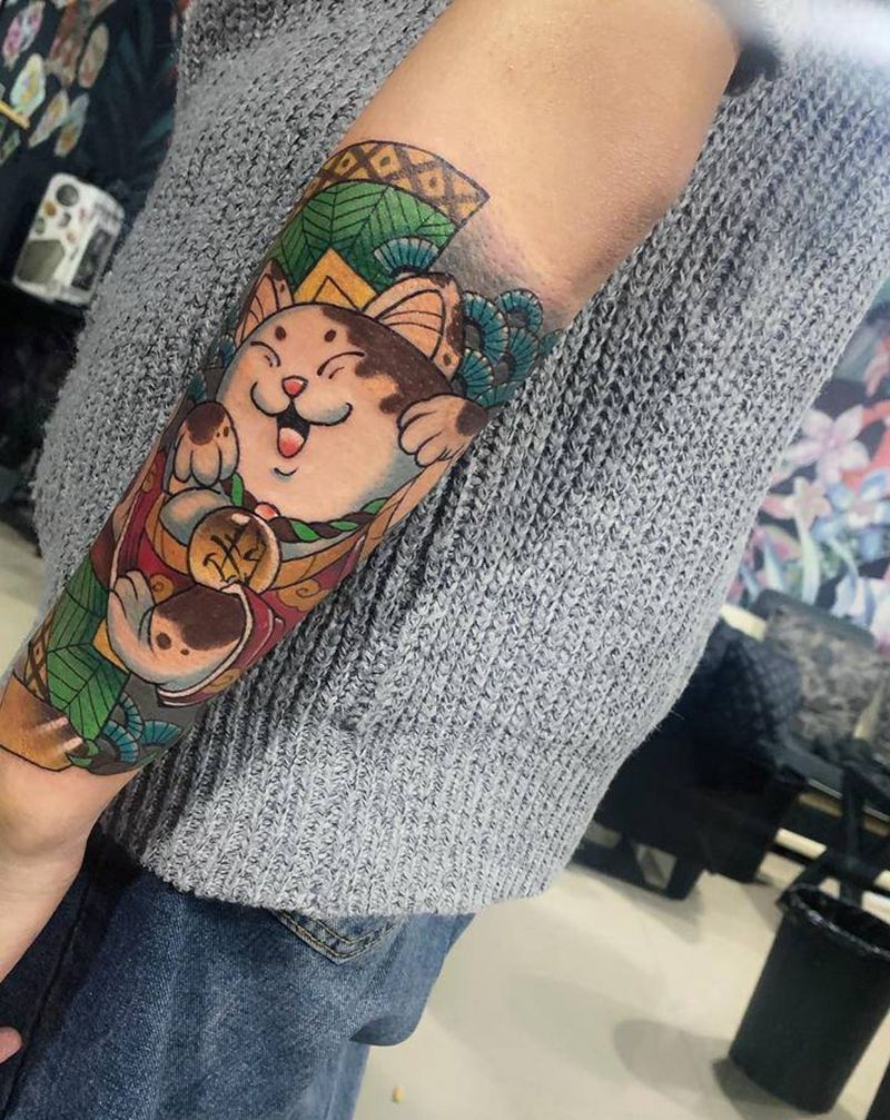 招财猫纹身图片_手臂New School纹身图案