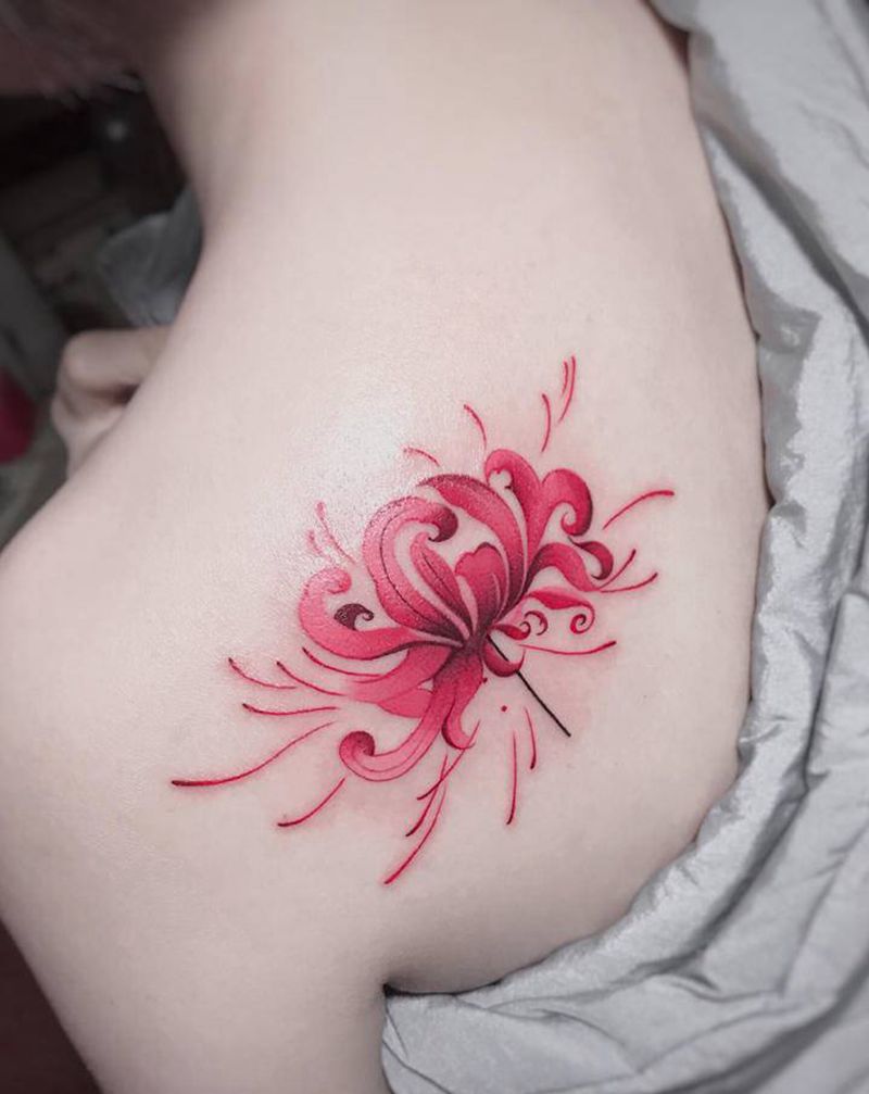 彼岸纹身图片_肩部背部水彩纹身图案