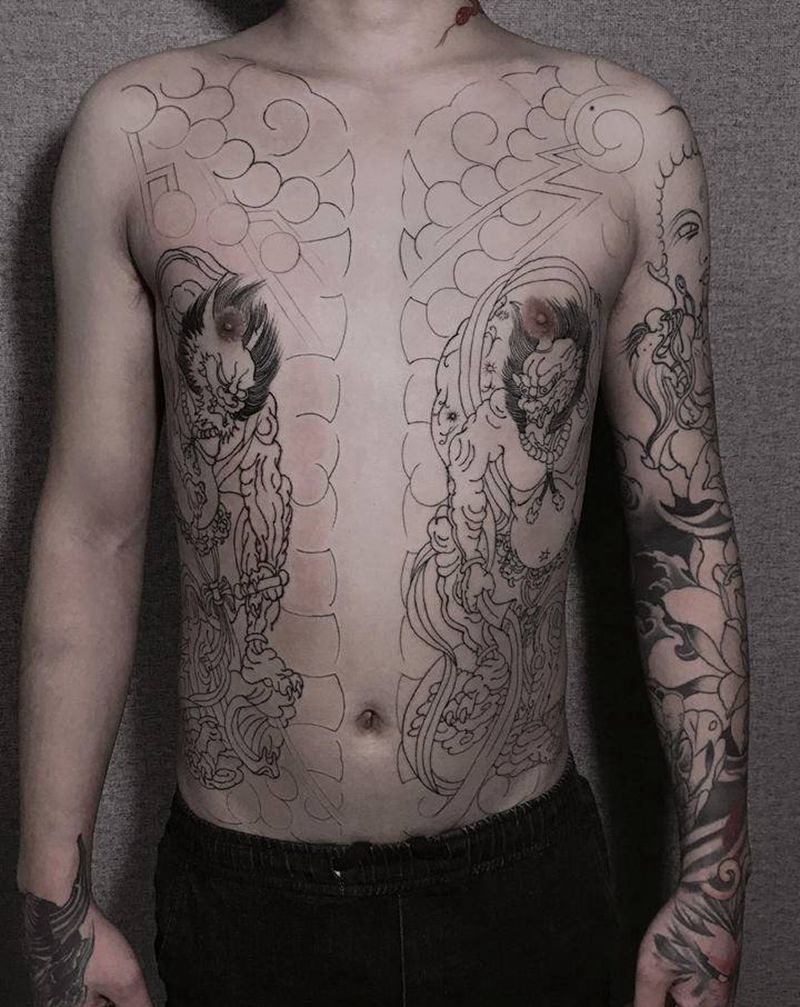 开衫纹身图片_胸部腹部老传统日式雷神风神纹身图案