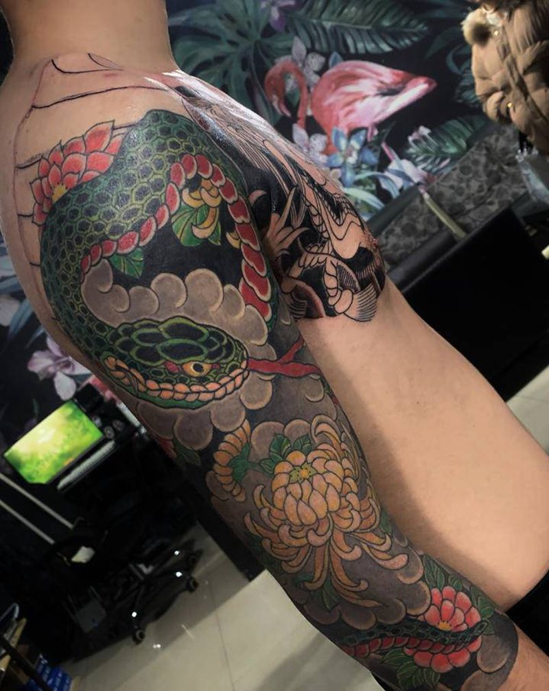 日式 蛇 天狗纹身图片_手臂胸部老传统纹身图案