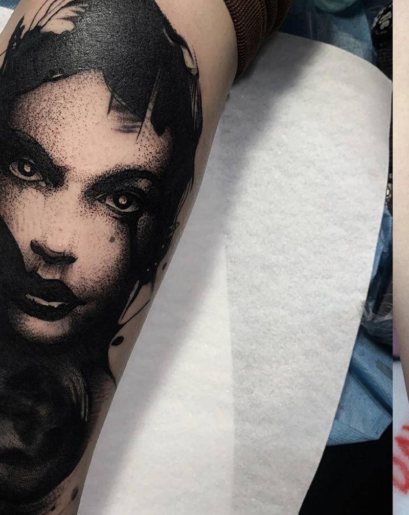 暴力遮盖老纹身纹身图片_腿部欧美写实水墨纹身图案