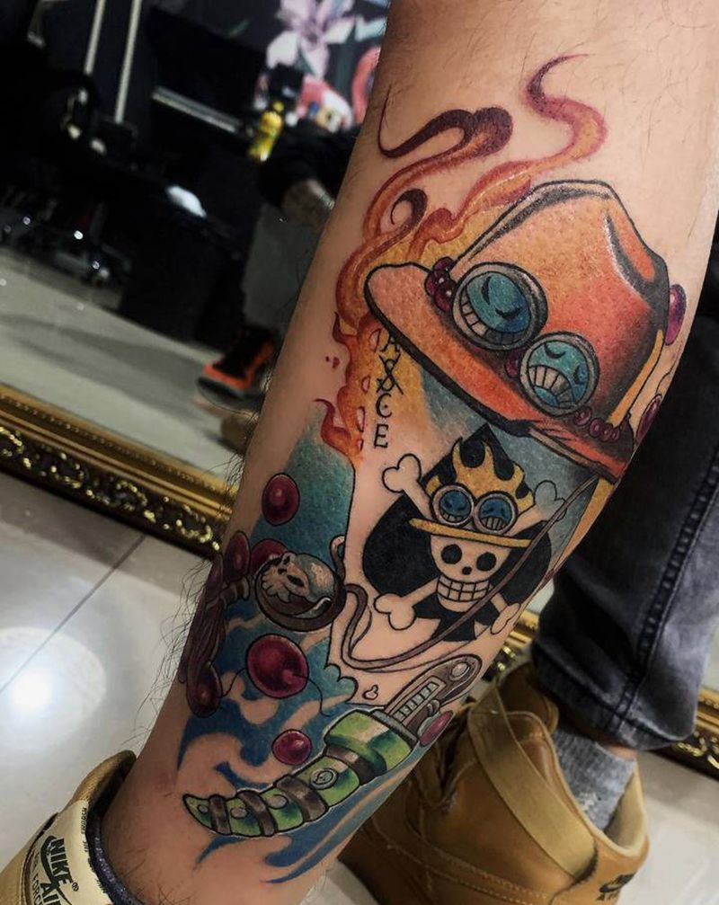海贼王艾斯纹身图片_腿部New School纹身图案