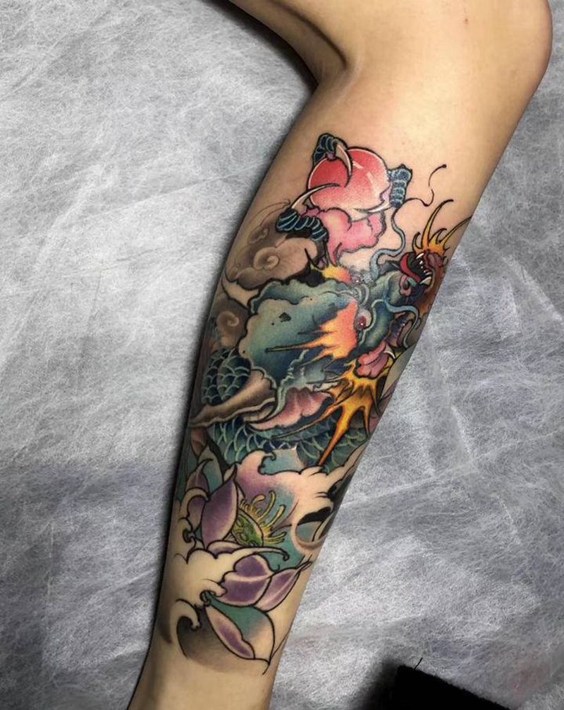 新传统  包小腿  龙纹身图片_腿部新传统纹身图案