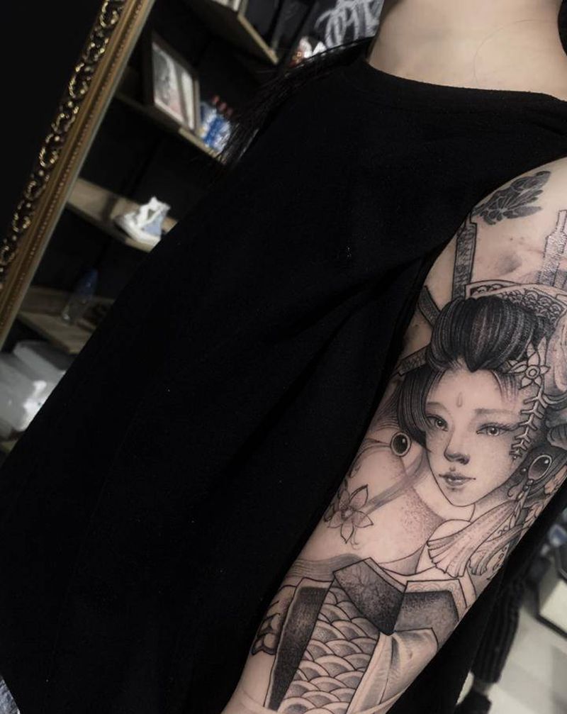 传统艺伎纹身纹身图片_手臂新传统纹身图案