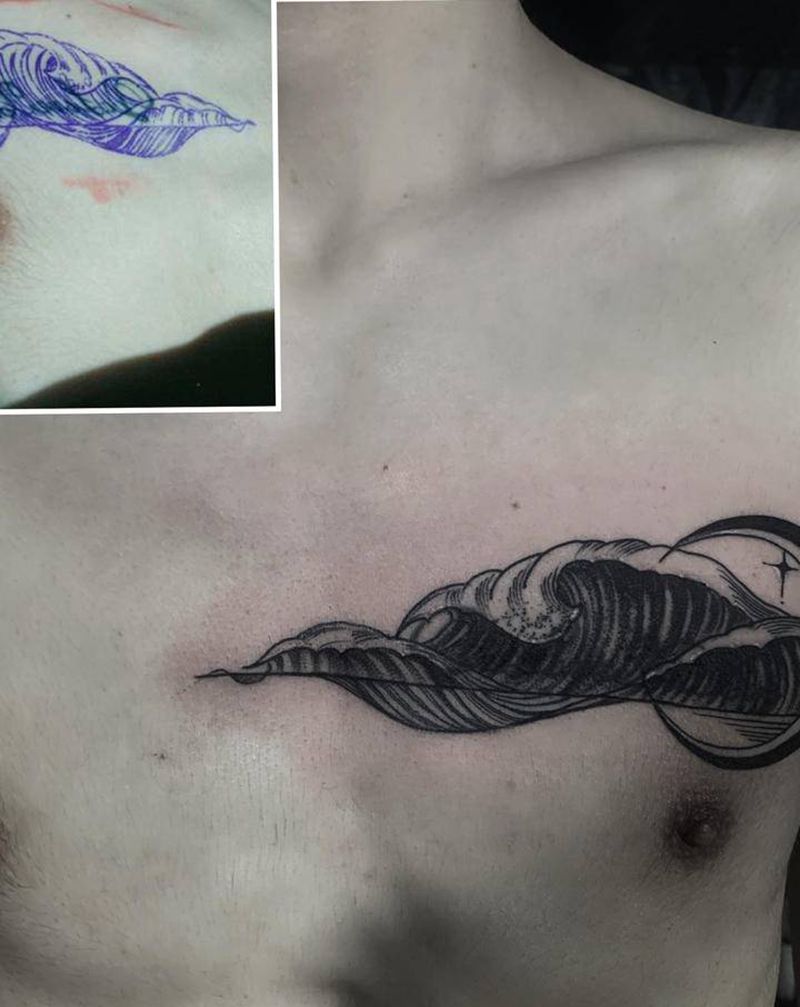 浪花纹身纹身图片_胸部点刺纹身图案