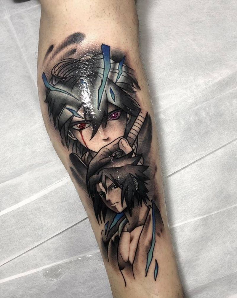 火影忍者佐助纹身图片_腿部水彩纹身图案