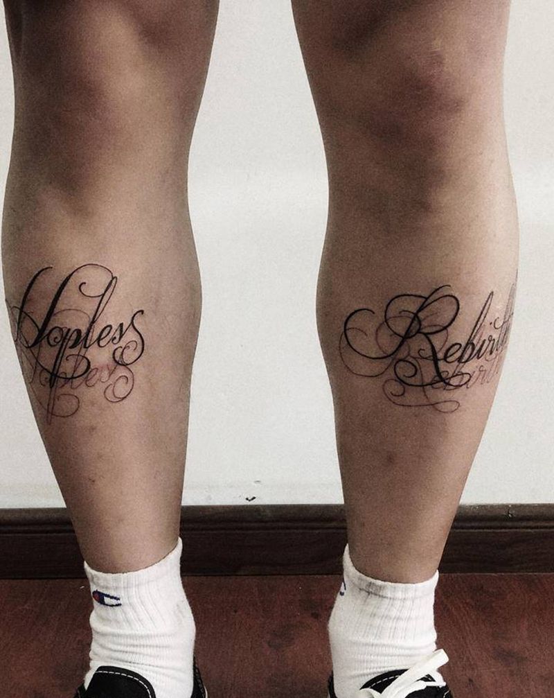 绝境逢生纹身图片_腿部花体字纹身图案