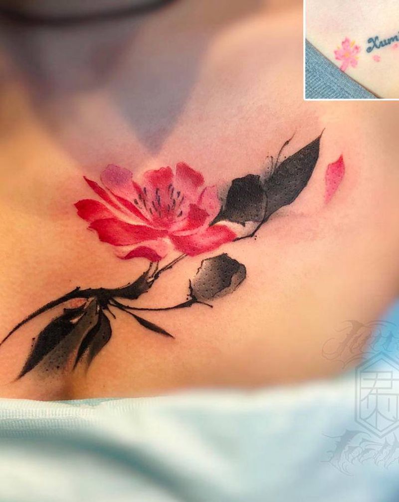 水墨花覆盖纹身纹身图片_胸部纹身图案