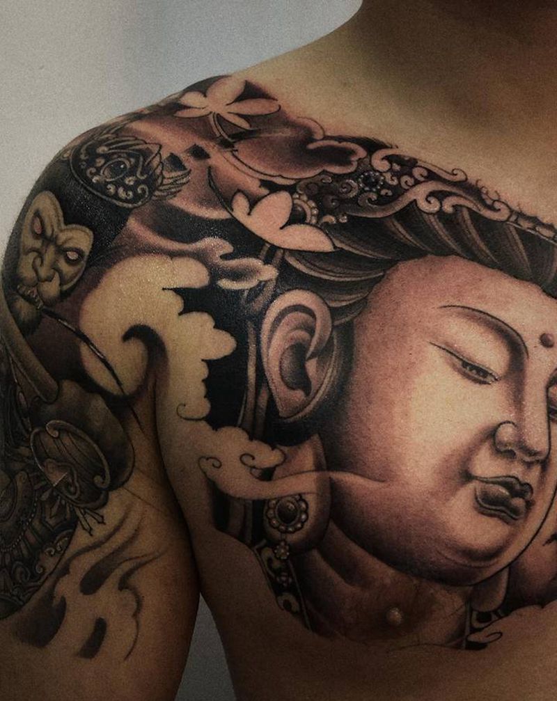 半胛纹身图片_肩部胸部新传统纹身图案