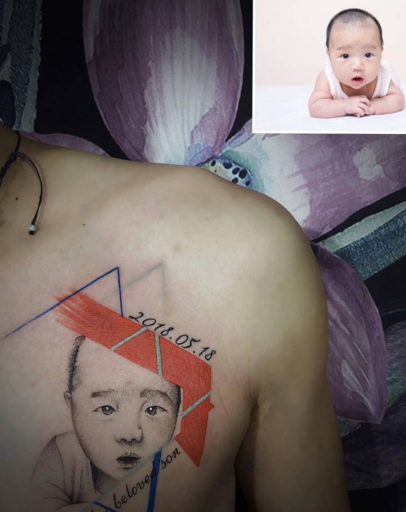 肖像作品纹身图片_胸部欧美写实几何纹身图案