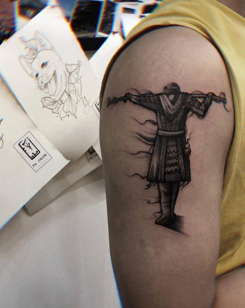 至尊宝纹身图片_手臂肩部水墨纹身图案