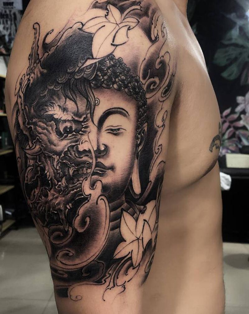 佛魔一念之间纹身图片_手臂新传统纹身图案