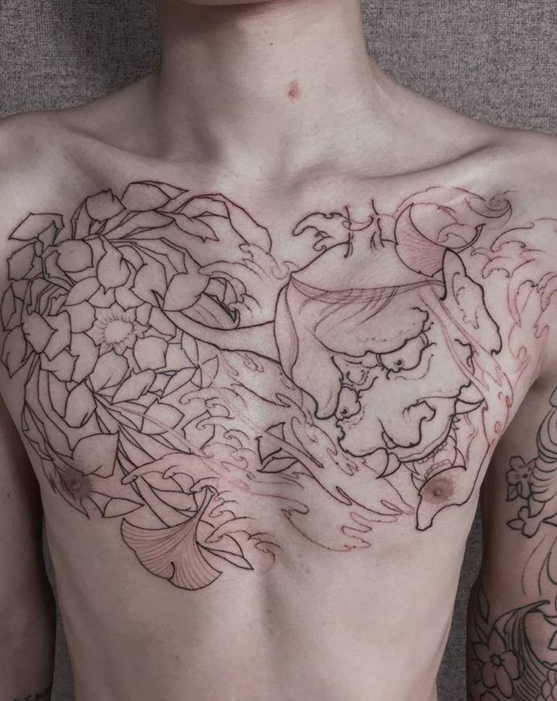 般若花胸纹身图片_胸部新传统纹身图案