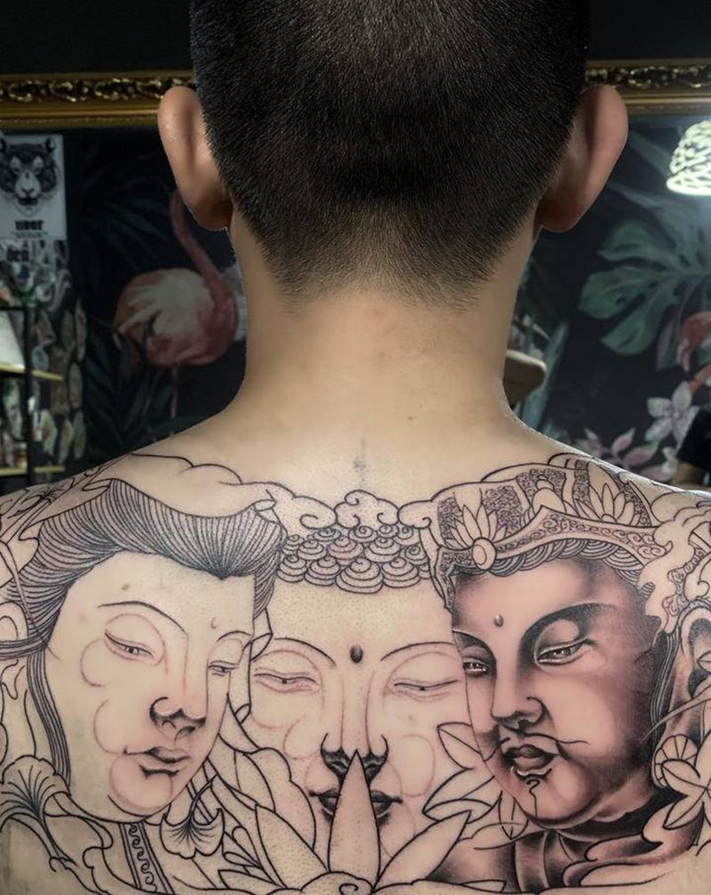 三面佛纹身纹身图片_背部新传统纹身图案