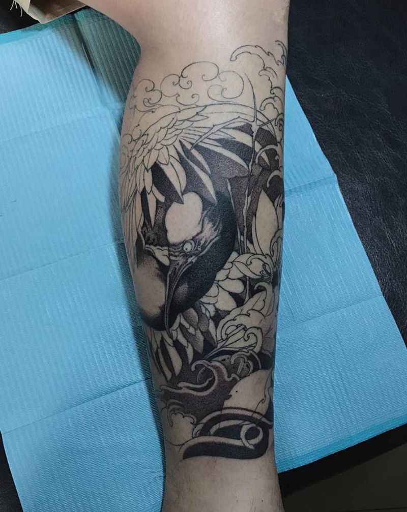 仙鹤纹身图片_腿部新传统老传统纹身图案