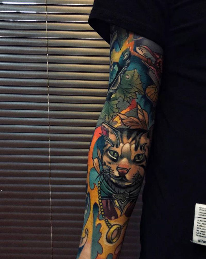 猫纹身图片_手臂手部New School纹身图案